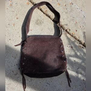 Vintage American Eagle Outfitters Y2K Brown Suede Tassel Lace Up Shoulder Bag